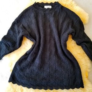 Vintage Black Knit Sweater with Scallop Edging